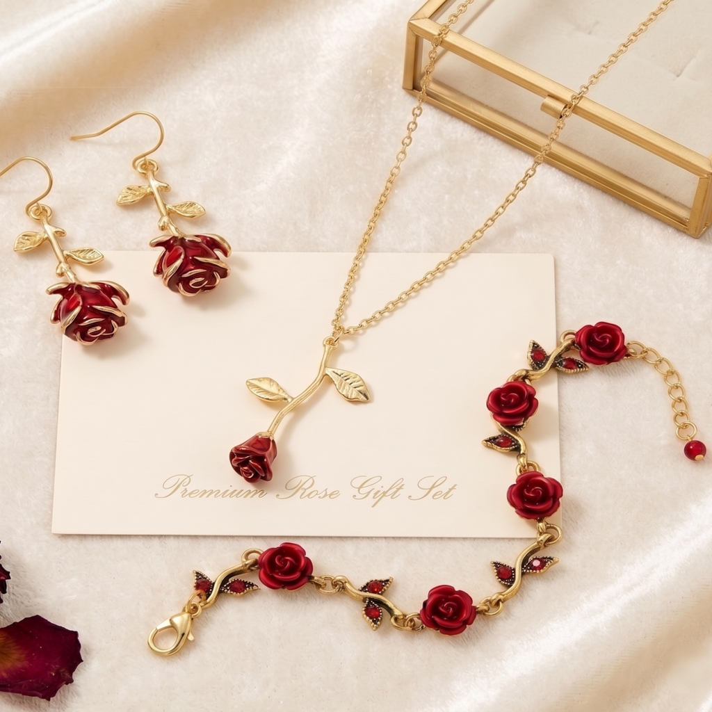 Lujoso set de joyería chapado en oro de 14K con rosa roja – regalo perfecto para cualquier celebración (3 piezas)