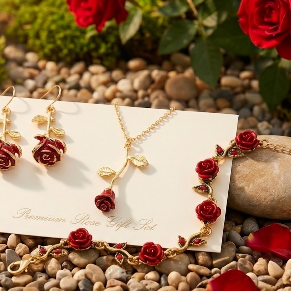 Lujoso set de joyería chapado en oro de 14K con rosa roja – regalo perfecto para cualquier celebración (3 piezas)