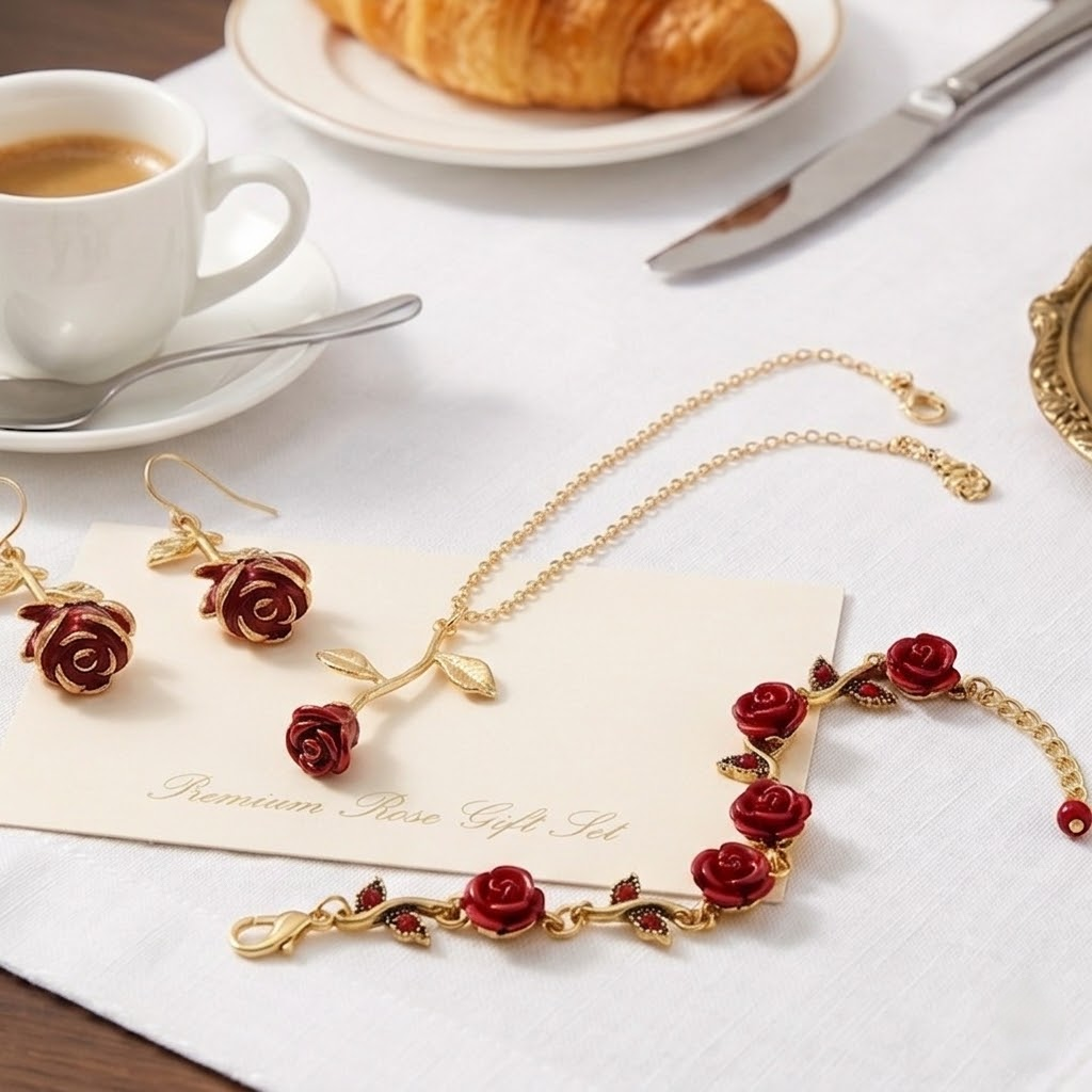Lujoso set de joyería chapado en oro de 14K con rosa roja – regalo perfecto para cualquier celebración (3 piezas)
