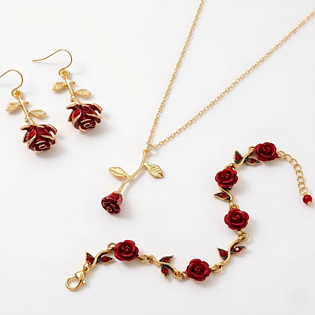 Lujoso set de joyería chapado en oro de 14K con rosa roja – regalo perfecto para cualquier celebración (3 piezas)