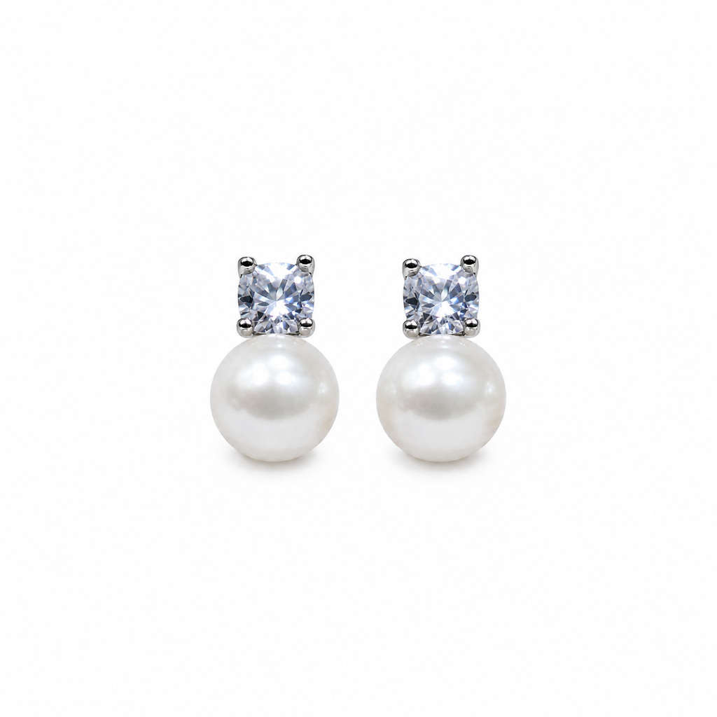 Elegant Simulated Pearl Stud Earrings for Women Classic Cubic Zirconia CZ Silver Color Pierced Earring Bridal Wedding Party Jewelry