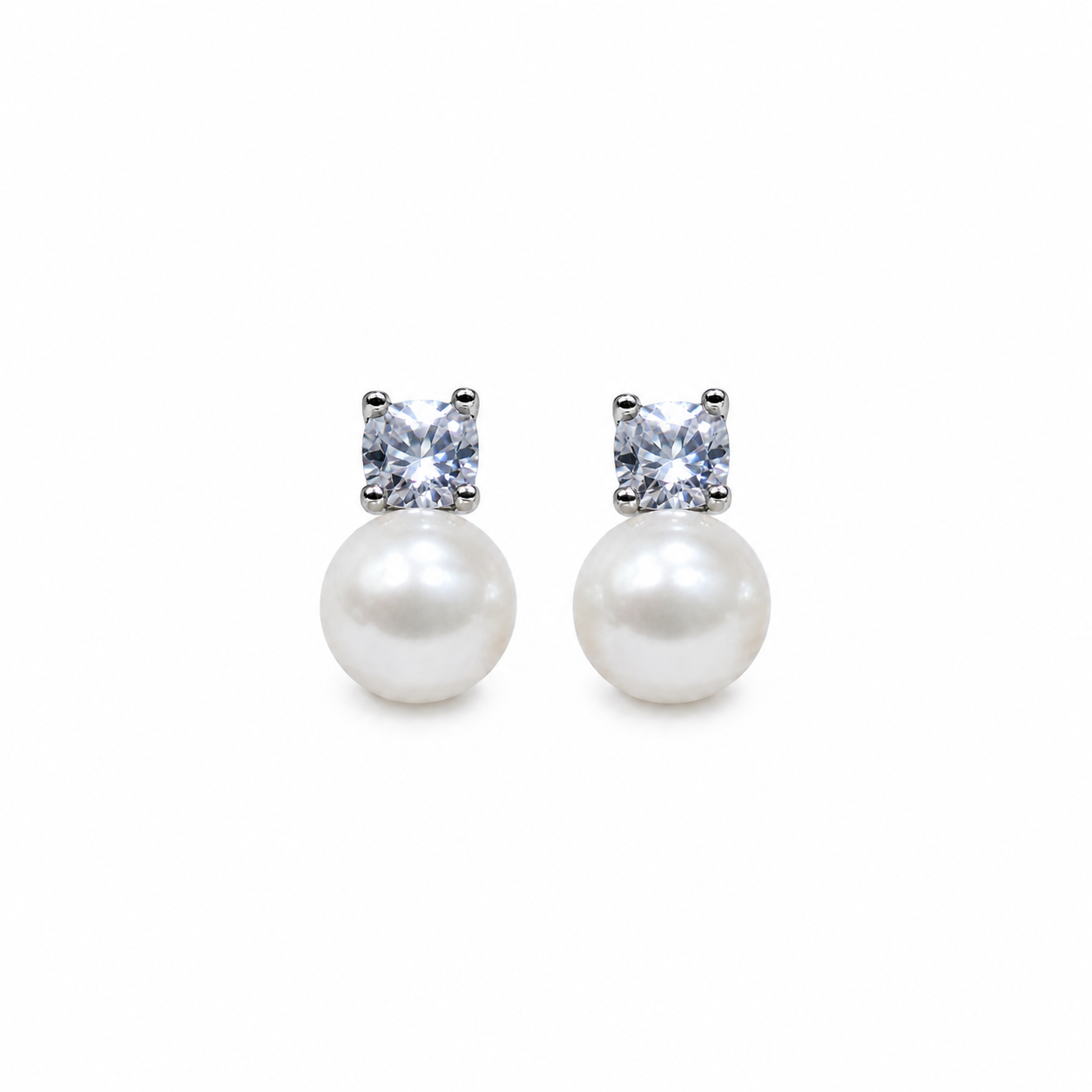 Elegant Simulated Pearl Stud Earrings for Women Classic Cubic Zirconia CZ Silver Color Pierced Earring Bridal Wedding Party Jewelry