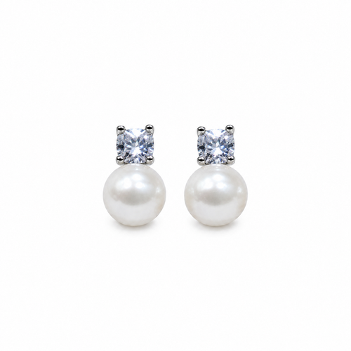 Elegant Simulated Pearl Stud Earrings for Women Classic Cubic Zirconia CZ Silver Color Pierced Earring Bridal Wedding Party Jewelry