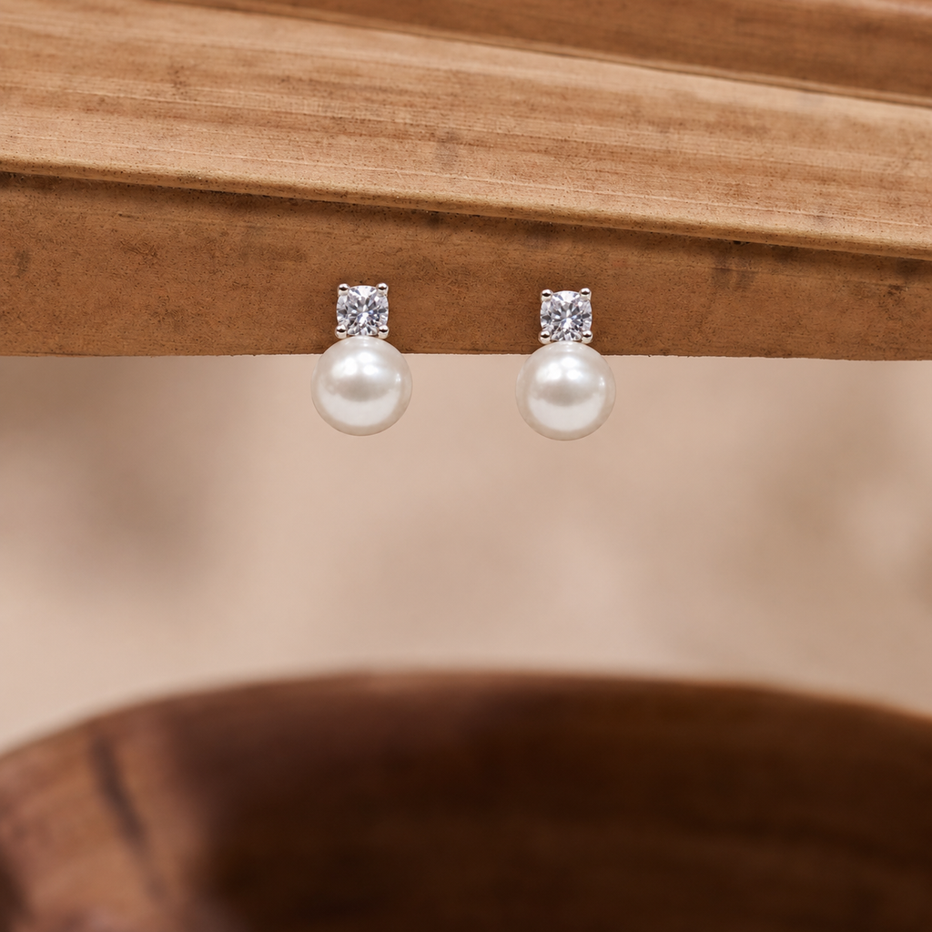 Elegant Simulated Pearl Stud Earrings for Women Classic Cubic Zirconia CZ Silver Color Pierced Earring Bridal Wedding Party Jewelry