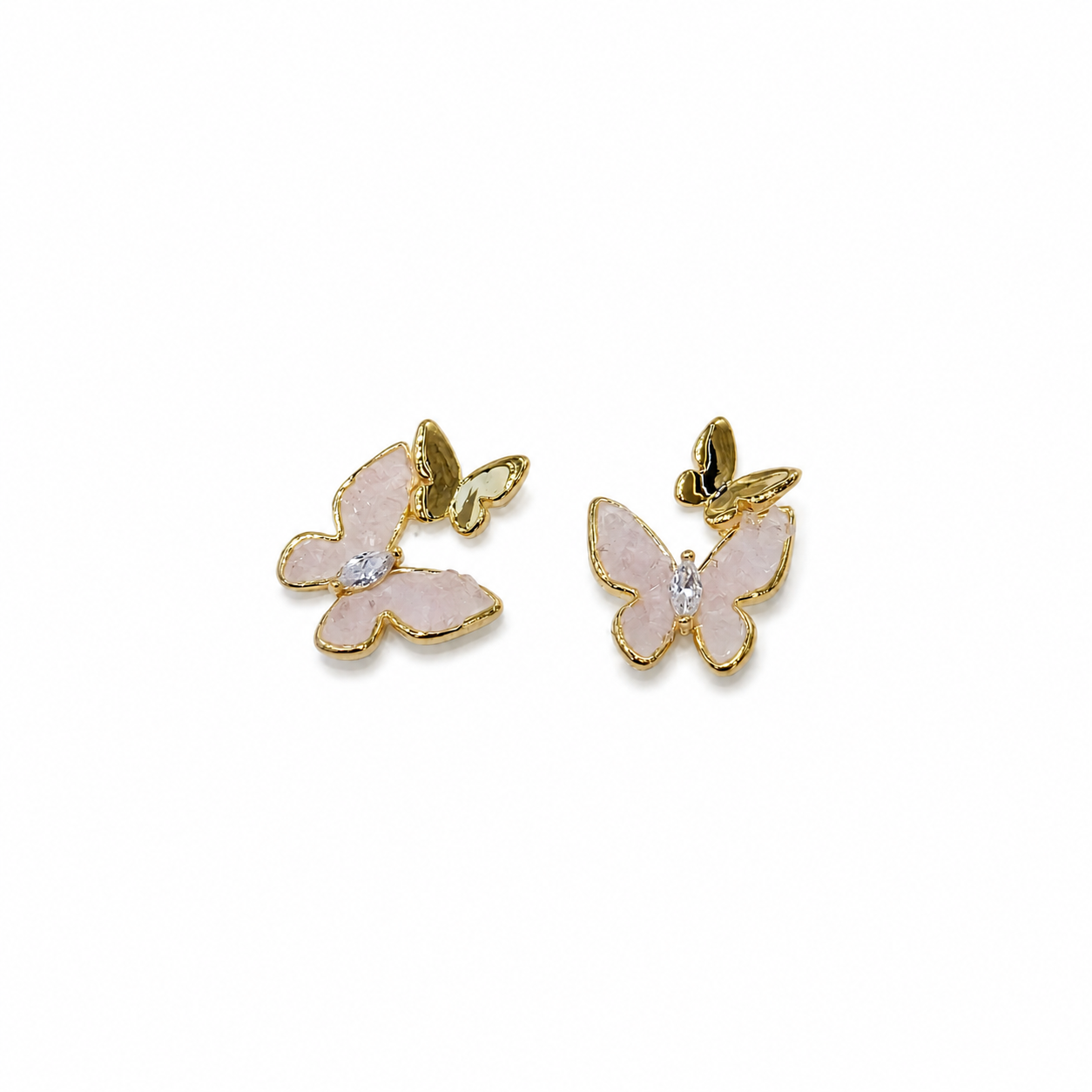 Sweet Pink Double Butterfly Stud Earrings Copper Alloy Gold Color Rhinestone Crystal Animal Earring Women Fairy Jewelry Gift