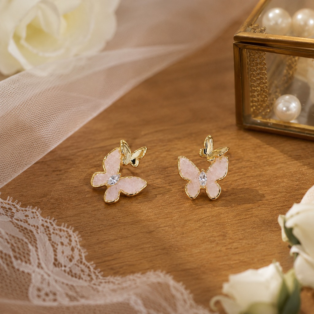 Sweet Pink Double Butterfly Stud Earrings Copper Alloy Gold Color Rhinestone Crystal Animal Earring Women Fairy Jewelry Gift