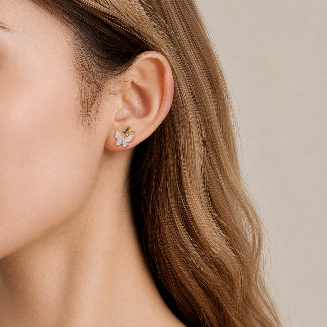 Sweet Pink Double Butterfly Stud Earrings Copper Alloy Gold Color Rhinestone Crystal Animal Earring Women Fairy Jewelry Gift