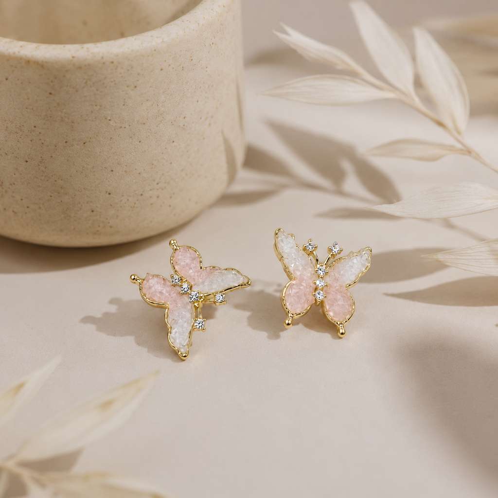 Sweet Pink Butterfly Stud Earrings Copper Alloy Gold Color Rhinestone Crystal Animal Pierced Earring Women Fairy Jewelry Gift