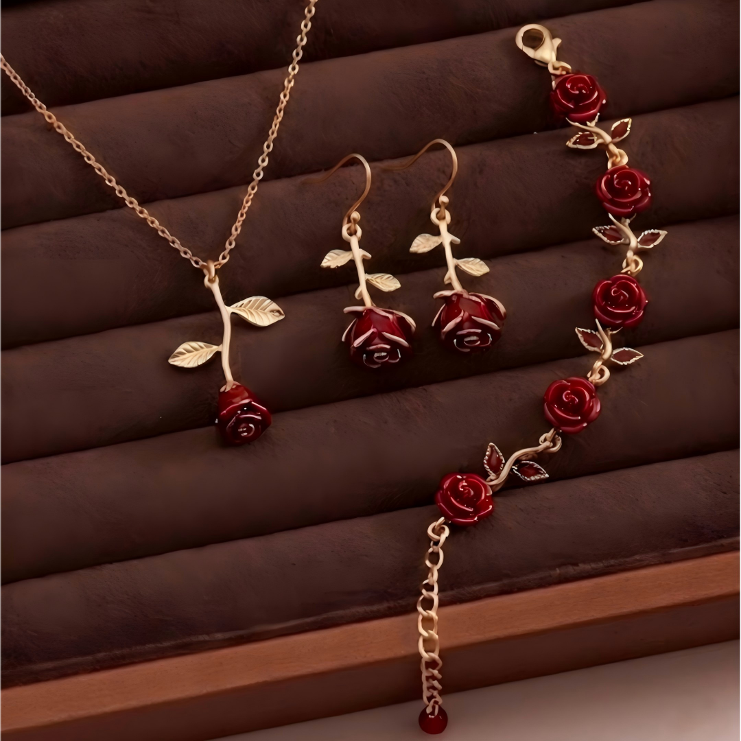 Lujoso set de joyería chapado en oro de 14K con rosa roja – regalo perfecto para cualquier celebración (3 piezas)