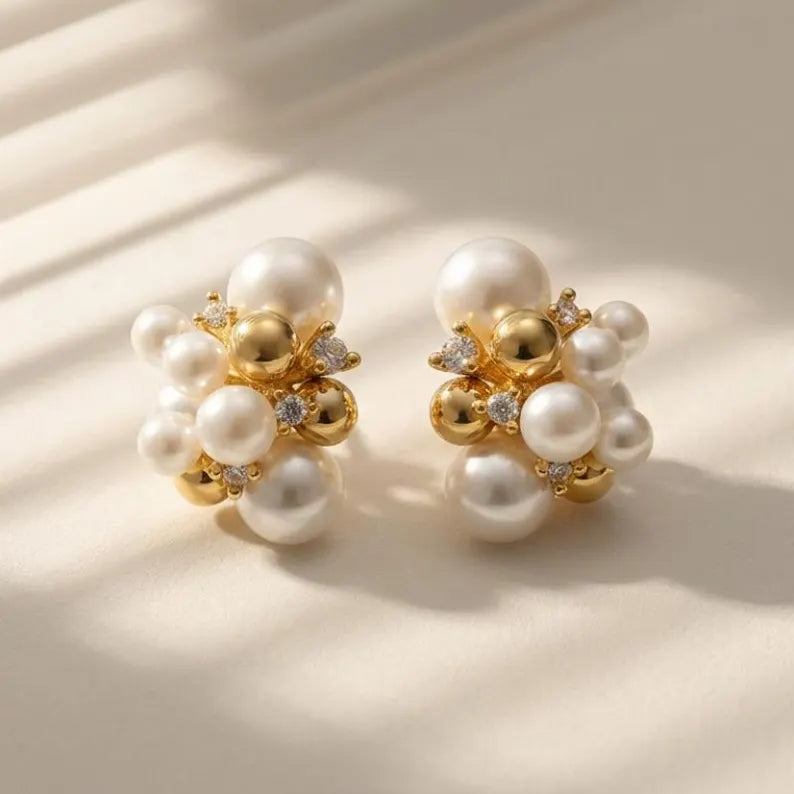 Pearl Cluster Earrings | 14K Gold Plated, Sterling Silver Post, Zircon Accents