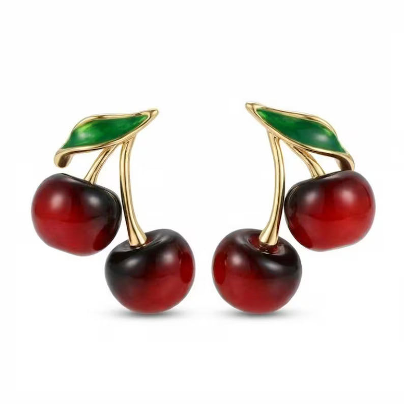 Glossy Cherry Drop Earrings | Gold Stem, Resin Fruit, Sterling Silver Posts
