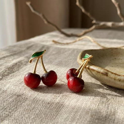 Glossy Cherry Drop Earrings | Gold Stem, Resin Fruit, Sterling Silver Posts