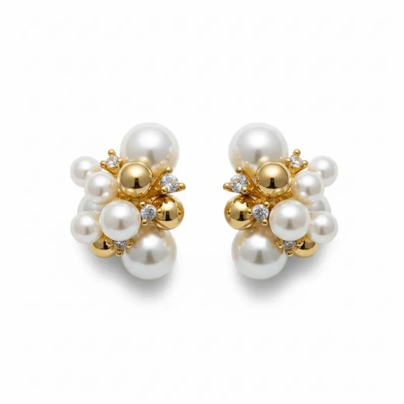 Pearl Cluster Earrings | 14K Gold Plated, Sterling Silver Post, Zircon Accents