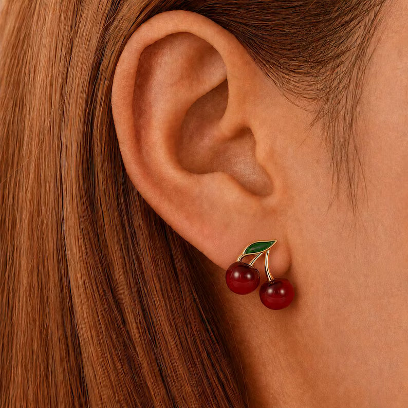 Glossy Cherry Drop Earrings | Gold Stem, Resin Fruit, Sterling Silver Posts