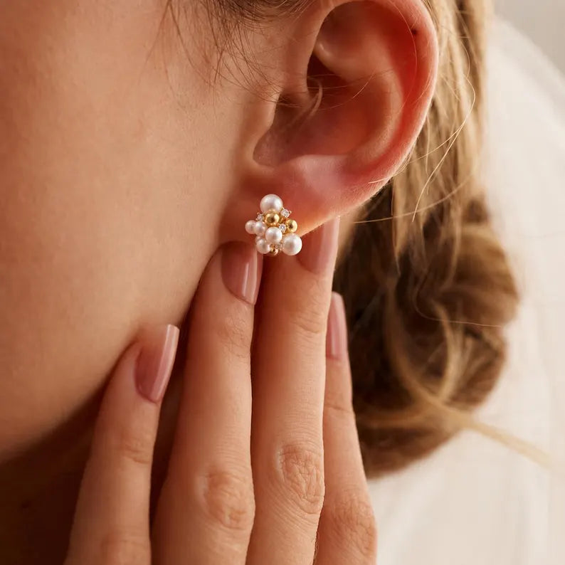 Pearl Cluster Earrings | 14K Gold Plated, Sterling Silver Post, Zircon Accents
