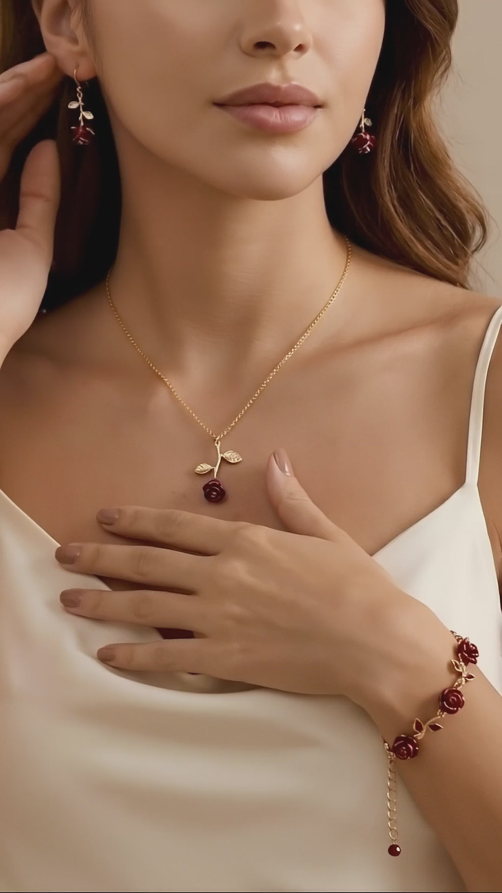 Lujoso set de joyería chapado en oro de 14K con rosa roja – regalo perfecto para cualquier celebración (3 piezas)