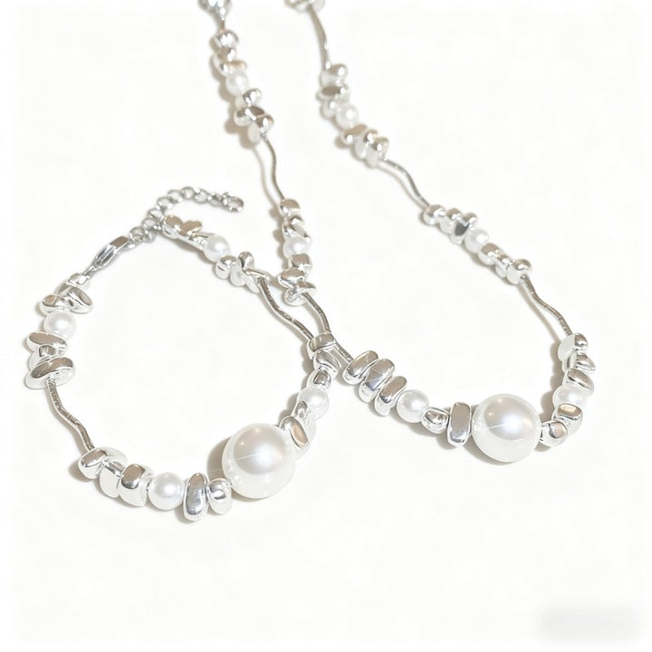Murmur jewelry set of necklace and bracelet with pearls and silver fragments, unique and minimal design - modern and elegant jewelry for women