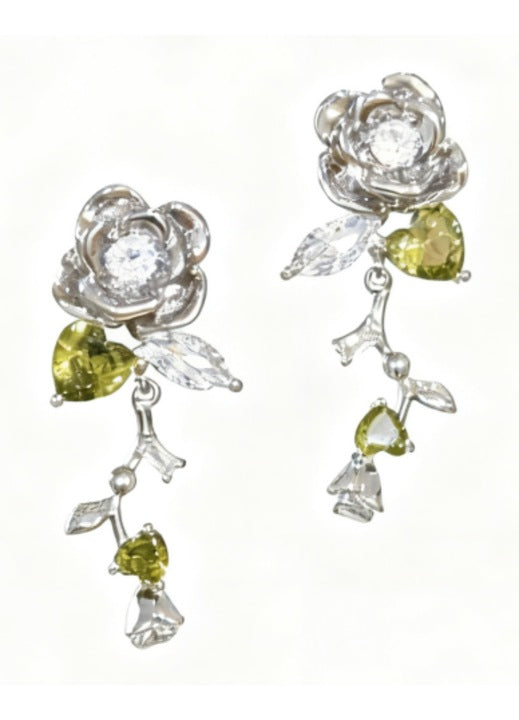 Murmur silver earrings with rose flower and zircon, olive green heart - elegant and delicate jewelry for women, spring floral accessory