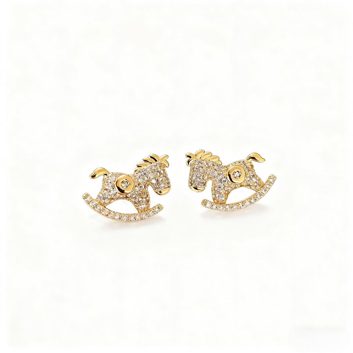 Murmur gold earrings with coin and wooden horse, micro-pave with diamonds - sophisticated and elegant jewelry for women, unique accessory